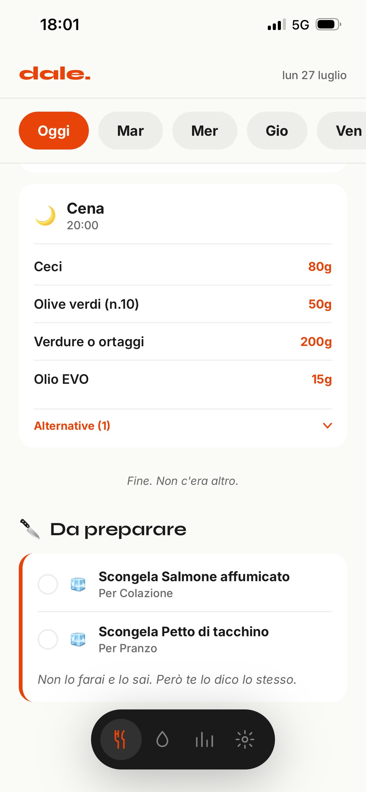 Schermata Pasti dell'app Dale